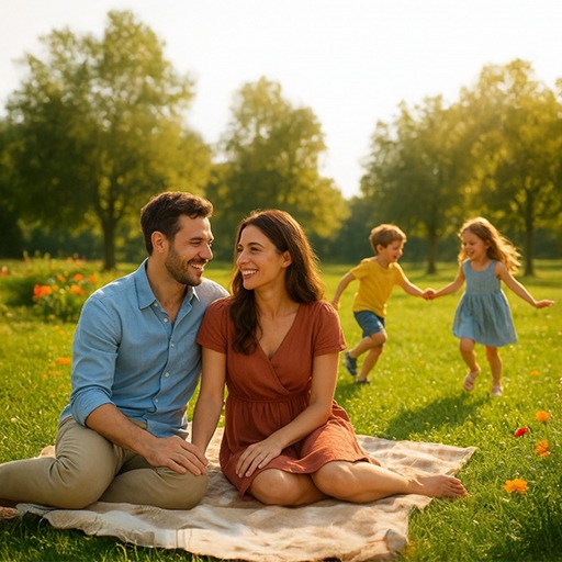 Happy couple spending their time together while their children playing at the park. This shows the importance of keeping love alive in parenthood other than parenting chaos.